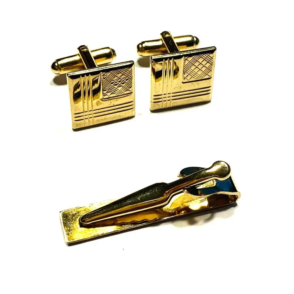 Vintage Mid Century Men’s jewelry Set Cufflinks & Tie Bar Gold Geometric Squares
